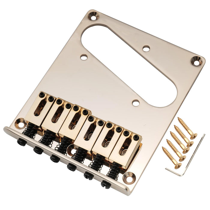 musiclily pro 54mm modern guitar bridge with zinc alloy 6 saddle and steel plate for squier imported tele style electric guitar mx2606p, gold