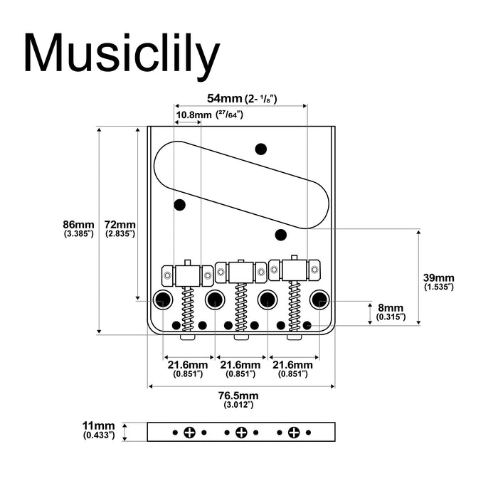 Dimensions of musiclily pro 54mm vintage style guitar bridge with barrel brass 3 saddle and steel plate for squier imported tele style electric guitar mx2610p