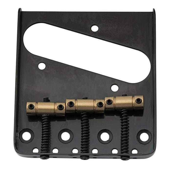 detail of musiclily pro 54mm vintage style guitar bridge with barrel brass 3 saddle and steel plate for squier imported tele style electric guitar mx2610p