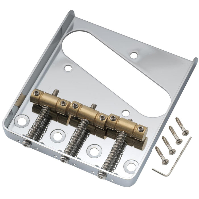 musiclily pro 54mm vintage style guitar bridge with barrel brass 3 saddle and steel plate for squier imported tele style electric guitar mx2610p, chrome
