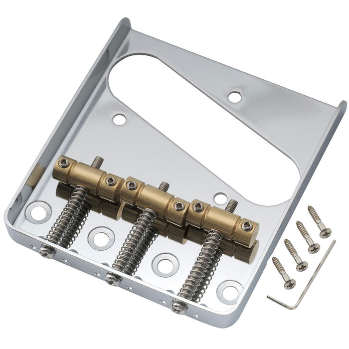 musiclily pro 54mm vintage style guitar bridge with barrel brass 3 saddle and steel plate for squier imported tele style electric guitar mx2610p, chrome