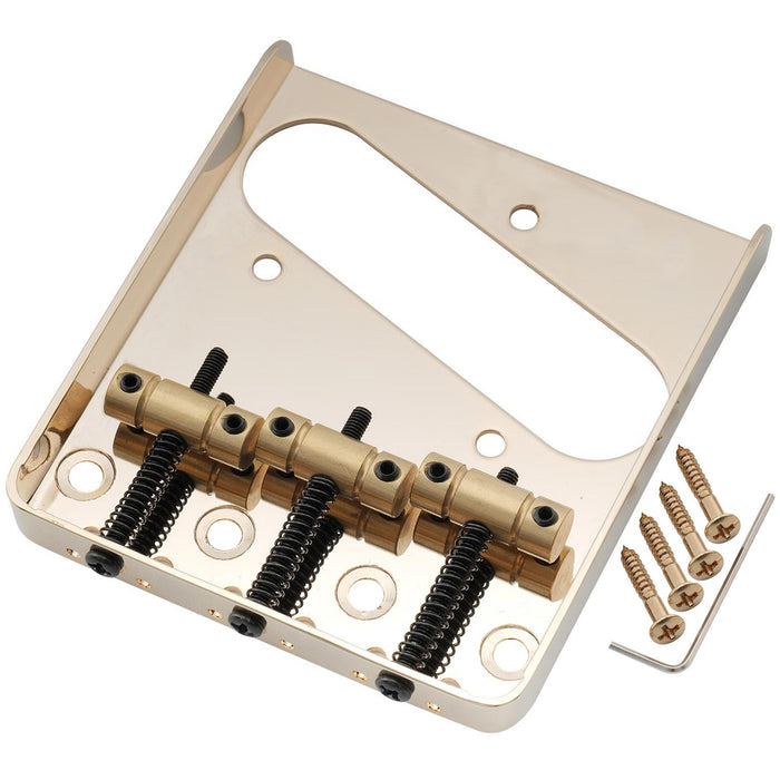 musiclily pro 54mm vintage style guitar bridge with barrel brass 3 saddle and steel plate for squier imported tele style electric guitar mx2610p, gold