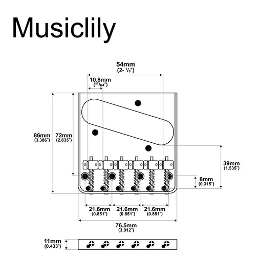 Dimensions of musiclily pro 54mm vintage style guitar bridge with barrel brass 6 saddle and steel plate for squier imported tele style electric guitar mx2611p