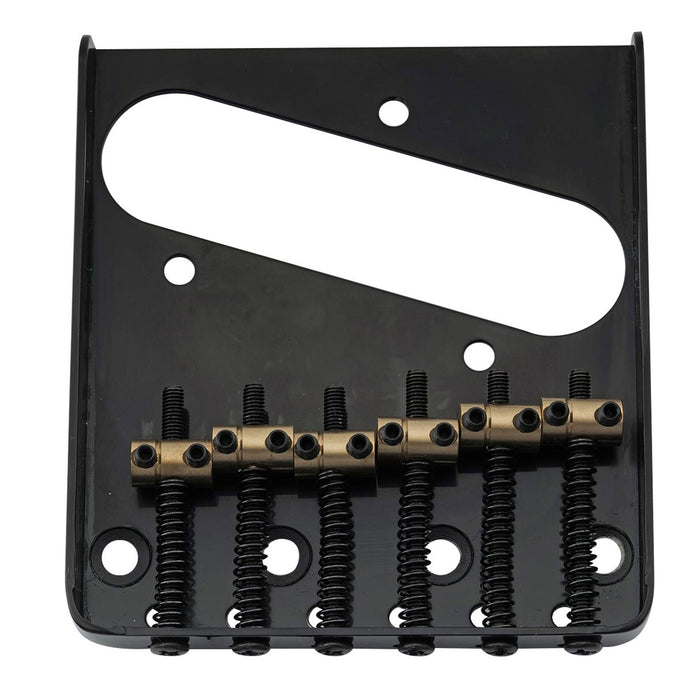 detail of musiclily pro 54mm vintage style guitar bridge with barrel brass 6 saddle and steel plate for squier imported tele style electric guitar mx2611p