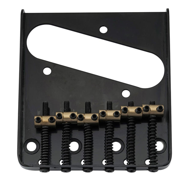 detail of musiclily pro 54mm vintage style guitar bridge with barrel brass 6 saddle and steel plate for squier imported tele style electric guitar mx2611p