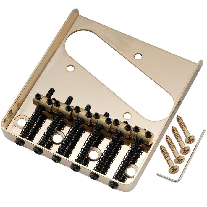 musiclily pro 54mm vintage style guitar bridge with barrel brass 6 saddle and steel plate for squier imported tele style electric guitar mx2611p, gold
