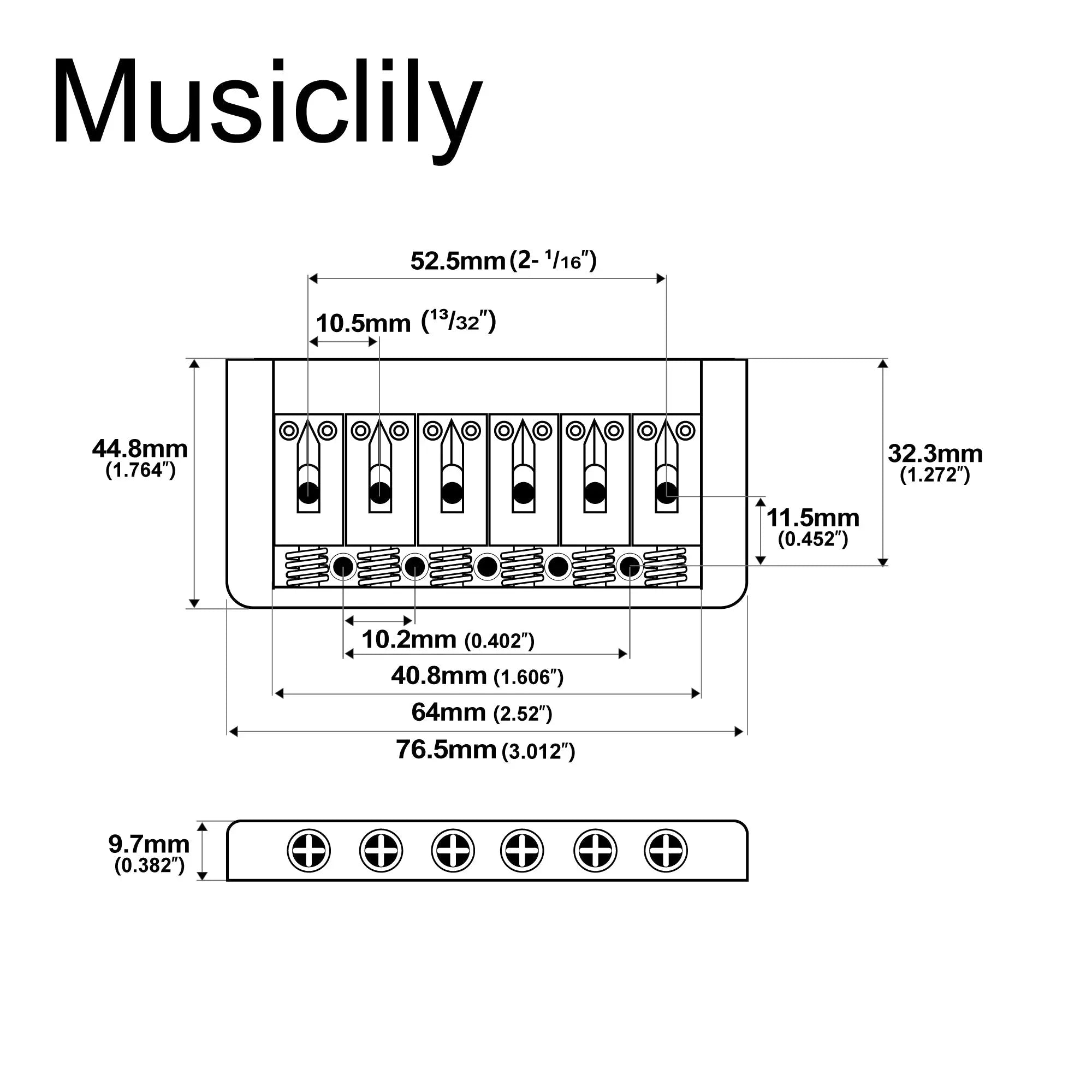 Dimensions of musiclily pro 52 5mm2 1 16 inch string spacing modern style saddle hardtail fixed bridge non tremolo bridge for strat tele style electric guitar mx2625p