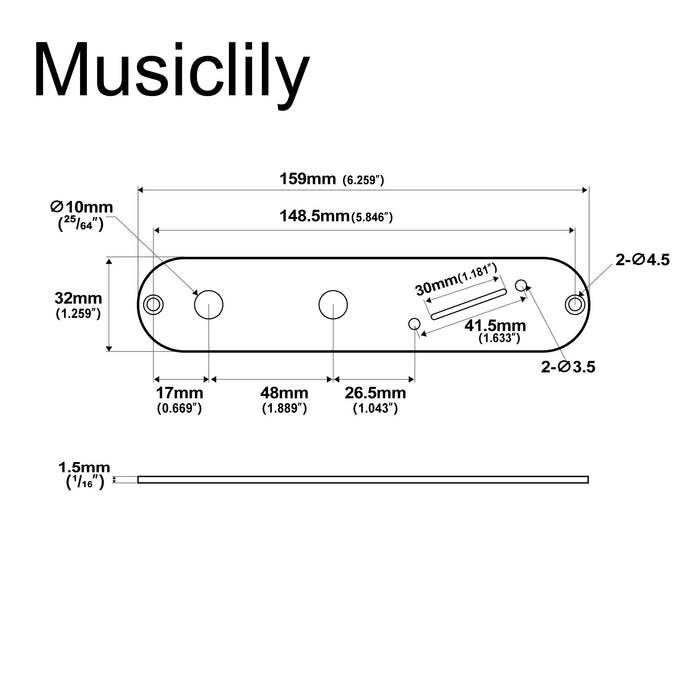 Dimensions of musiclily pro 32mm steel control plate with narrow pots hole spacing and angled switch slot for tele style electric guitar mx2635p