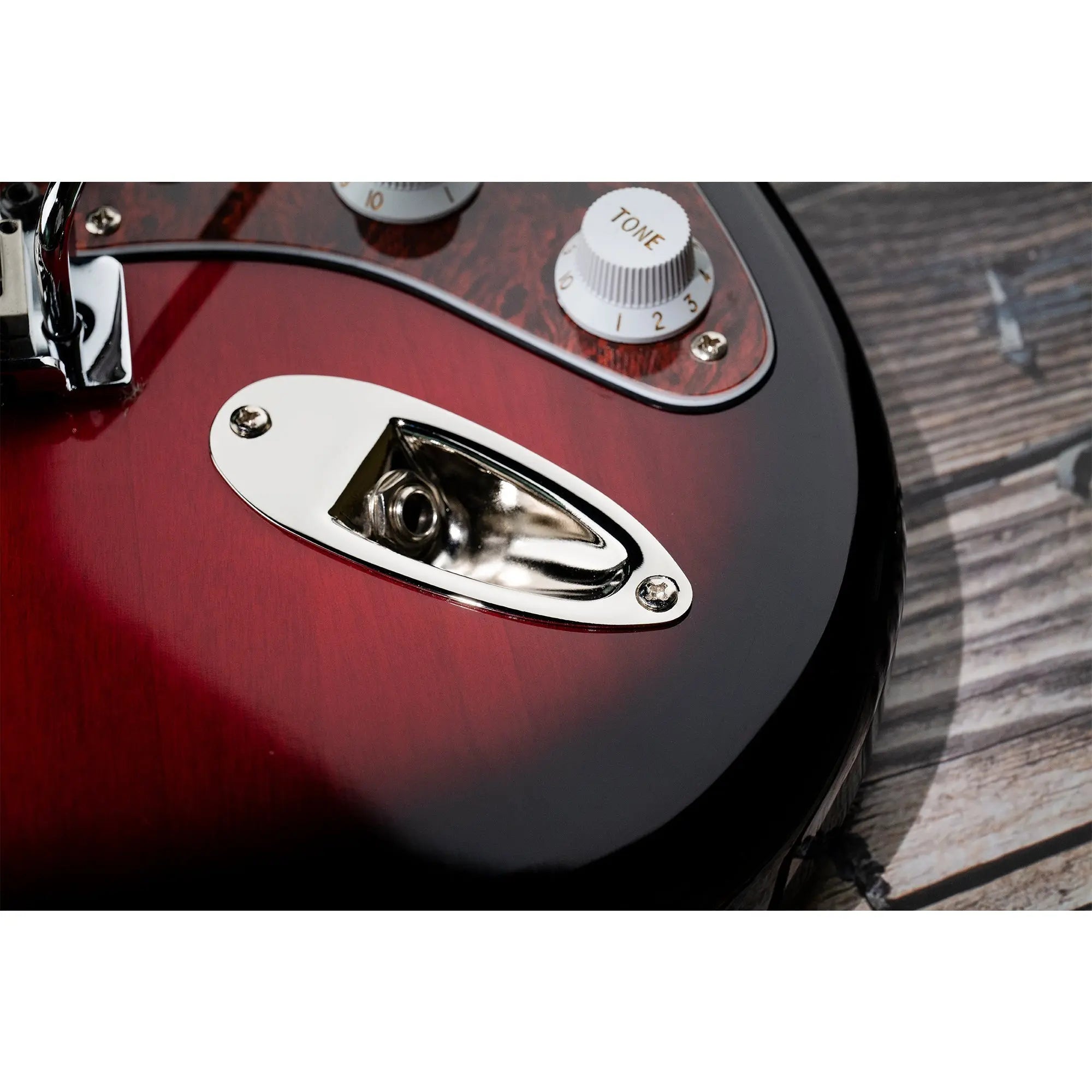 Application of musiclily pro steel boat shape jack socket plate 10mm hole for strat style electric guitar mx2640p