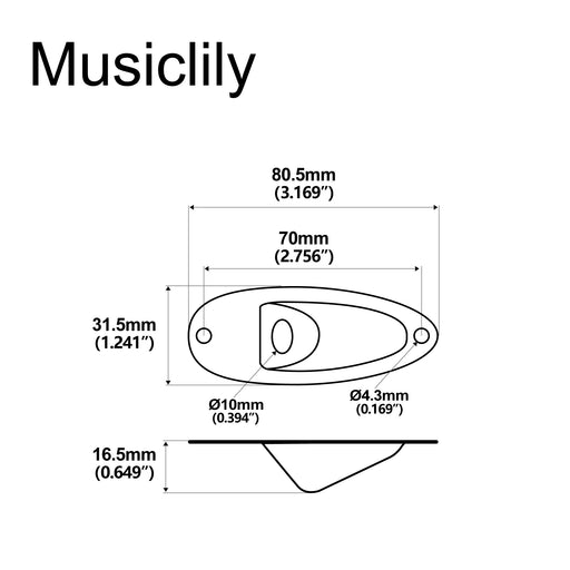 Dimensions of musiclily pro steel boat shape jack socket plate 10mm hole for strat style electric guitar mx2640p