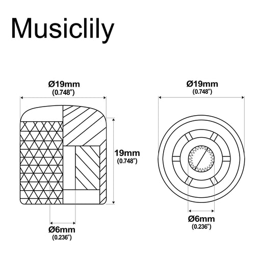 Dimensions of musiclily pro fine 24 splines steel dome push on control knob 19mm for usa made guitar bass potentiometers mx2796 2p