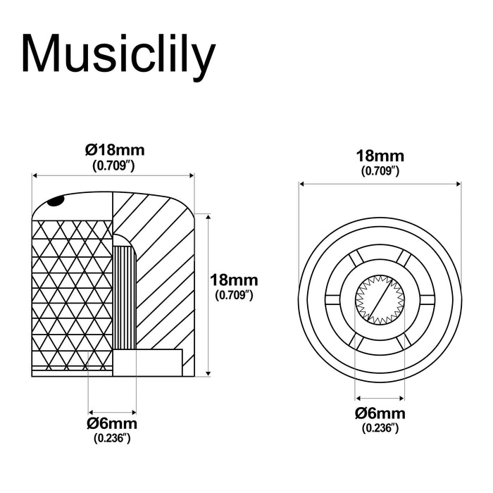 Dimensions of musiclily pro fine 24 splines steel dome push on control knob 18mm with indicator dot for usa made guitar bass potentiometers mx2798 2p