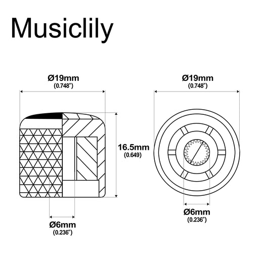 Dimensions of musiclily pro fine 24 splines steel dome abalone top push on control knob for usa made guitar bass potentiometers 19x16 5mm mx2802 2p