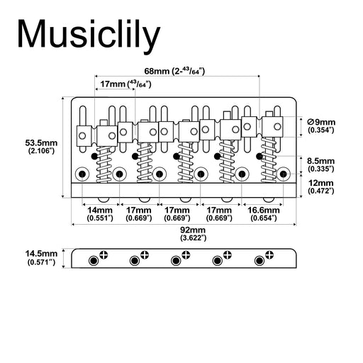 Dimensions of musiclily pro 17mm string spacing dual load heavy duty 5 string bass bridge with brass saddle mx2822p