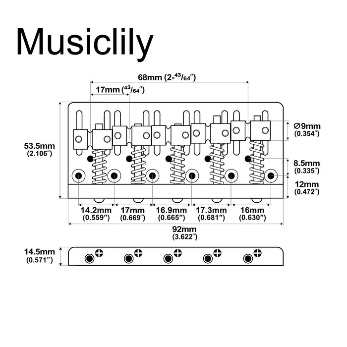 Musiclily Pro BB007 17mm de espaciado de cuerdas, puente de bajo de 5 cuerdas de carga dual y resistente con sillín de latón