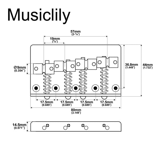 Dimensions of musiclily pro 19mm string spacing classic standard top loading 4 string bass bridge with brass saddle steel plate mx2824p