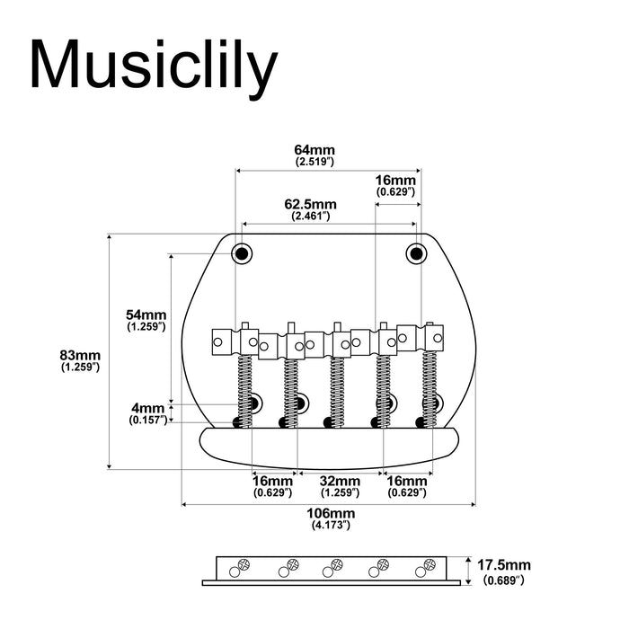 Musiclily Pro 64mm(2-33/64 inch) Steel Dual Load 5-String Bass Bridge for Musicman Style Bass