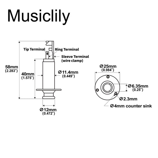 Dimensions of musiclily pro 1 4 inch mono stereo endpin output jack strap button jack socket for acoustic guitar bass mx2834p