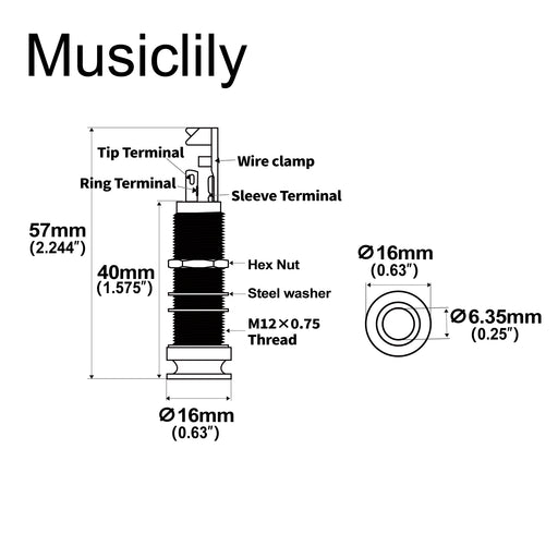Dimensions of musiclily pro 1 4 inch mono stereo endpin output jack strap button threaded jack socket for acoustic guitar bass mx2839p