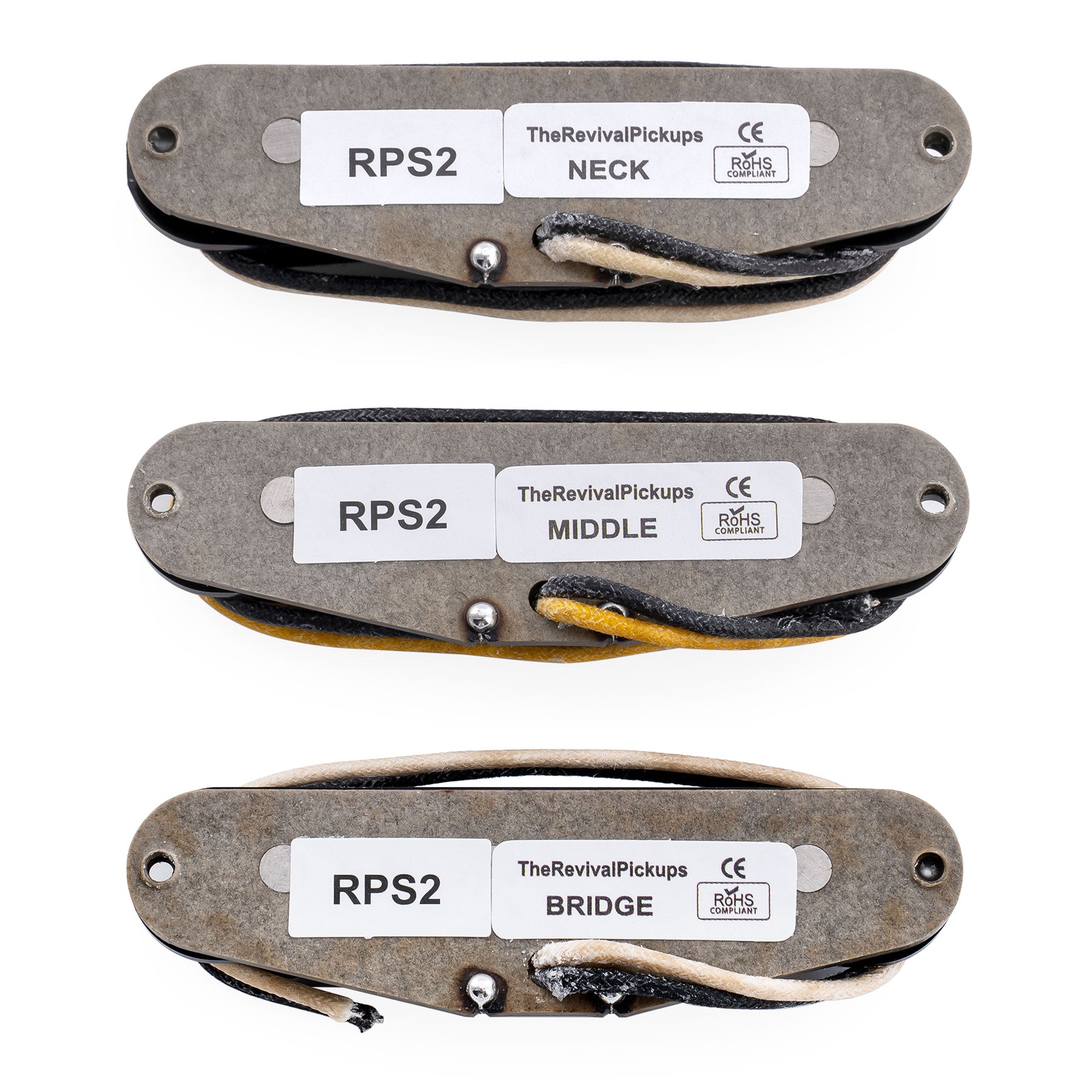 Ensemble de micros Revival Pickups RPS2 Grey Bottomed Blues style vintage Alnico 5, simple bobinage, manche et chevalet central, pour guitare électrique style Strat, blanc