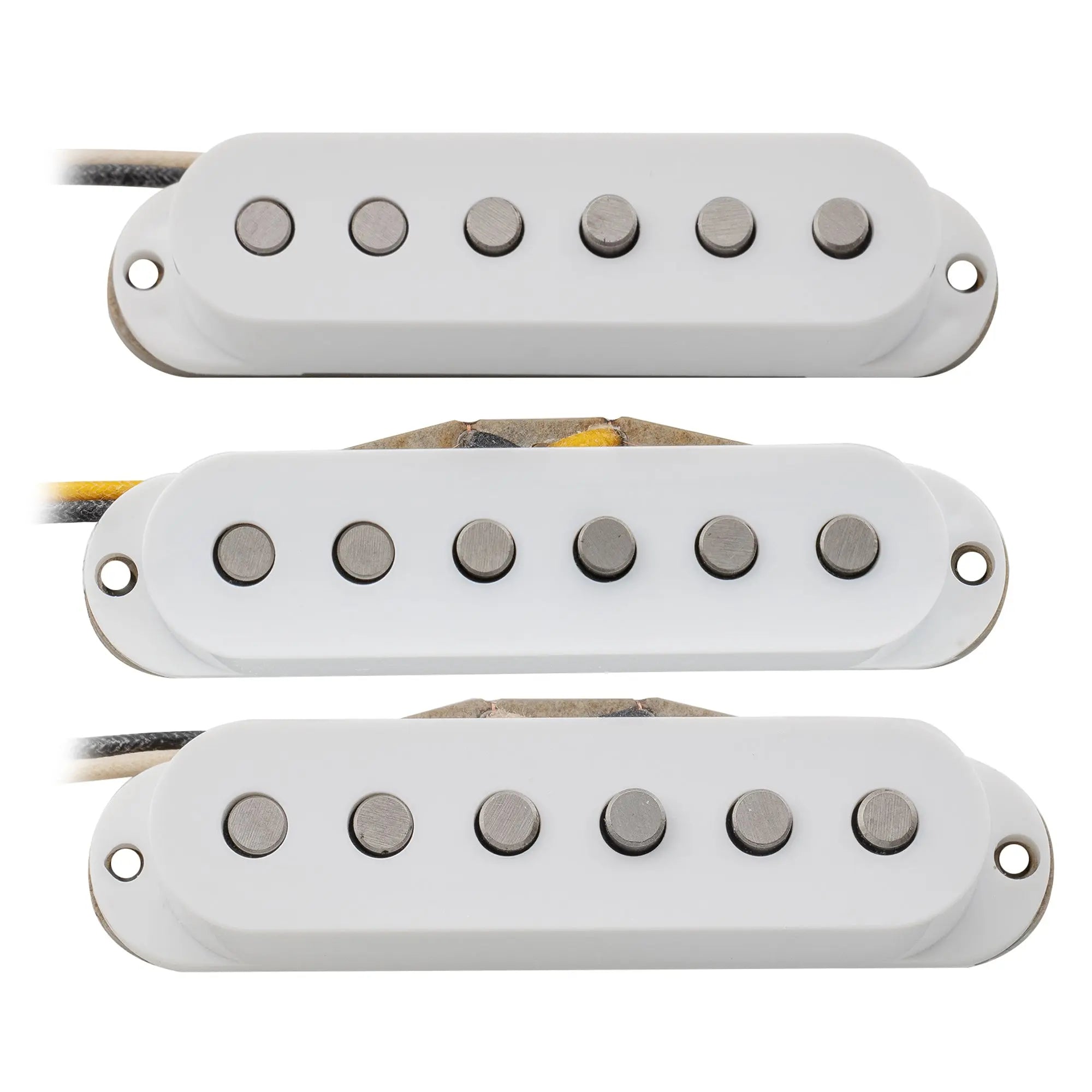 detail of the revival pickups rps2 grey bottomed blues vintage style alnico 5 single coil neck middle bridge pickups set for strat style electric guitar mx2872wh