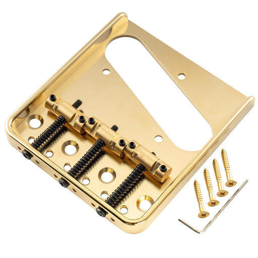 musiclily ultra 54mm 2 1 8 inch string spacing full solid aluminum plate with brass compensated 3 saddle vintage tele style bridge mx2904p, gold