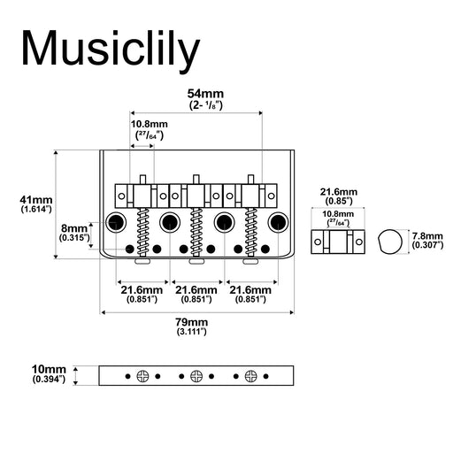 Dimensions of musiclily ultra 54mm 2 1 8 inch string spacing full solid aluminum short plate with brass compensated 3 saddle vintage tele style bridge mx2905p