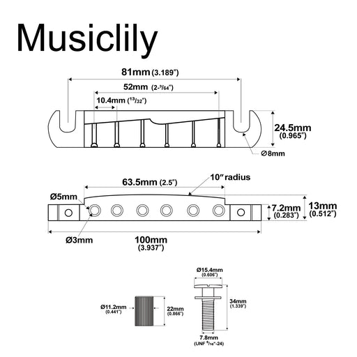 Dimensions of musiclily ultra 52mm 2 3 64 inch string spacing full solid aluminum prs style pre set intonation wraparound bridge tailpiece for usa prs style electric guitar mx2907cr