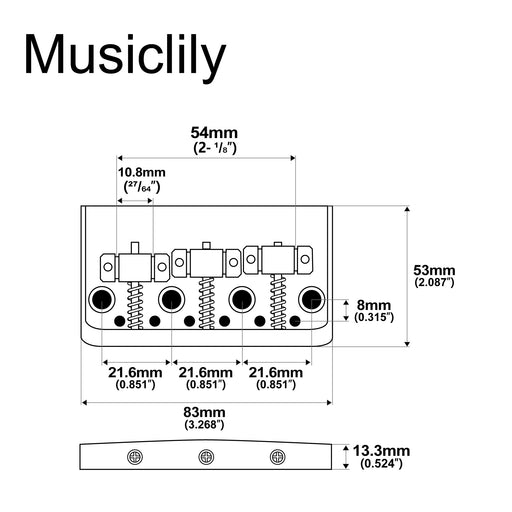 Dimensions of musiclily ultra half size string through body vintage tele style guitar bridge with solid aluminum alloy plate and brass 3 saddle mx2946p
