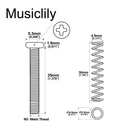 Dimensions of musiclily pro metric m3 35mm steel saddle intonation screw and spring set for imported electric guitar bass bridge mx2947mx2949p