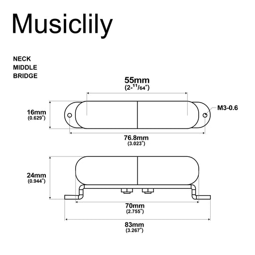 Dimensions of artec lsa70 alnico 5 lipstick style single coil neck middle bridge pickups set for strat style electric guitar mx2968bk