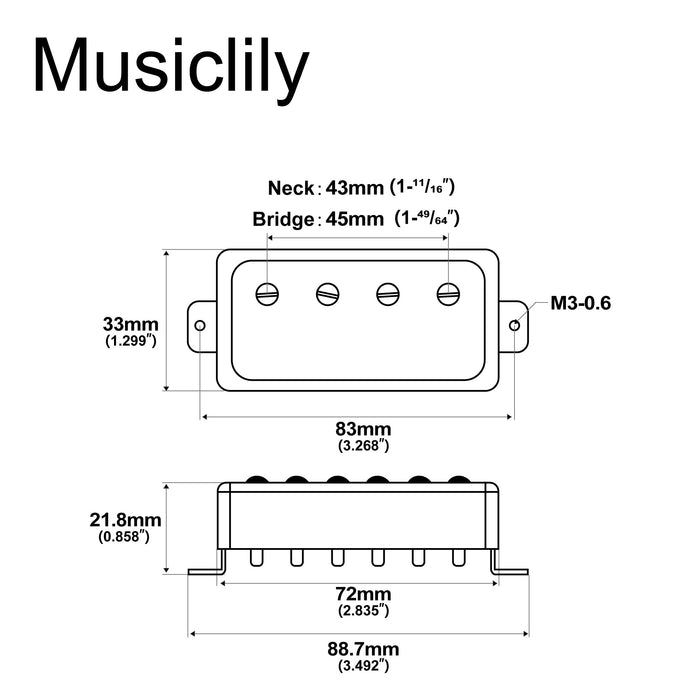 Dimensions of artec mvba4 alnico 5 covered humbucker neck bridge pickups set for lp or epi style 4 string electric bass mx3002crmx3003cr