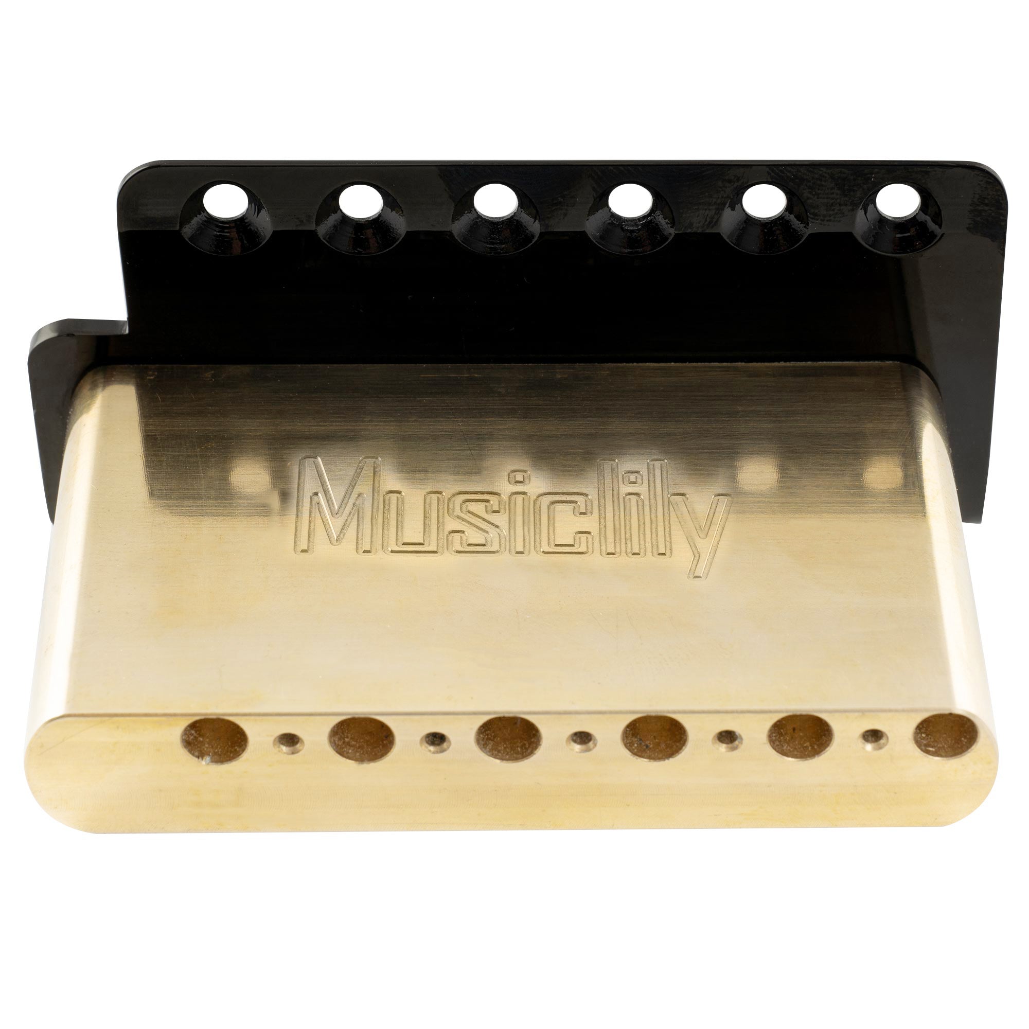 detail of musiclily ultra 56mm2 7 32 inch american vintage style 6 screw st tremolo bridge with steel bent saddles 42mm solid brass block push in arm for strat style electric guitar mx3022bp