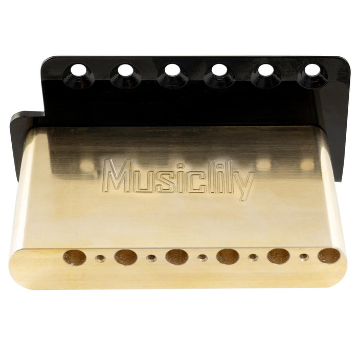 detail of musiclily ultra 56mm2 7 32 inch american vintage style 6 screw st tremolo bridge with steel bent saddles 42mm solid brass block push in arm for strat style electric guitar mx3022bp