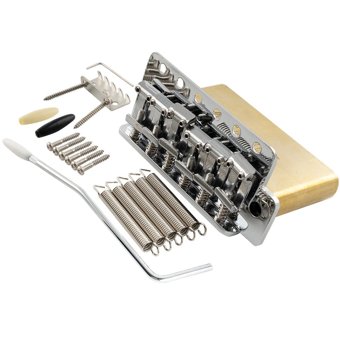 musiclily ultra 56mm2 7 32 inch american vintage style 6 screw st tremolo bridge with steel bent saddles 42mm solid brass block push in arm for strat style electric guitar mx3022bp, chrome