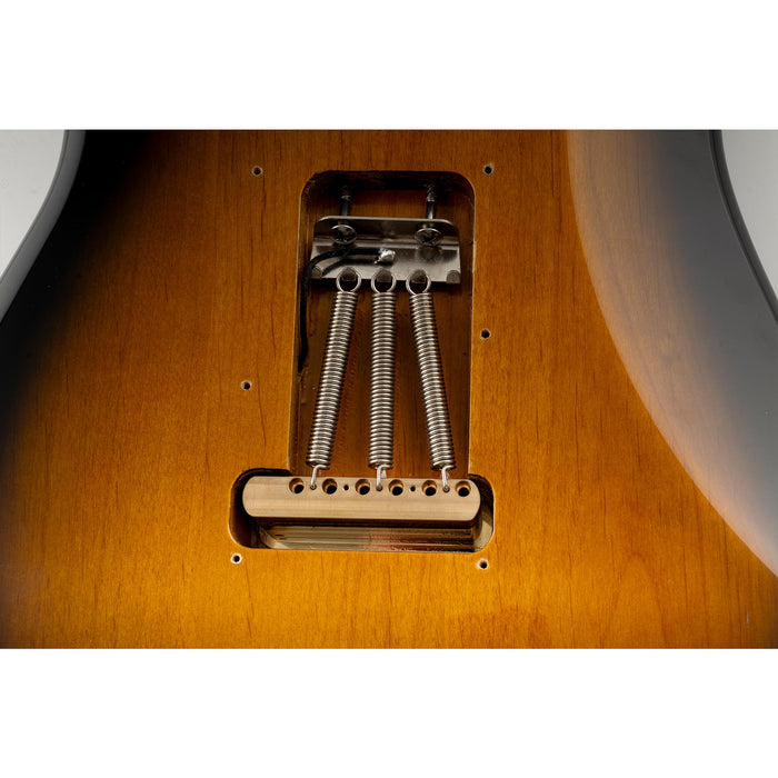 Usage show of musiclily ultra 56mm2 7 32 inch american vintage style 6 screw st tremolo bridge with modern brass saddles 42mm solid brass block push in arm for strat style electric guitar mx3022p