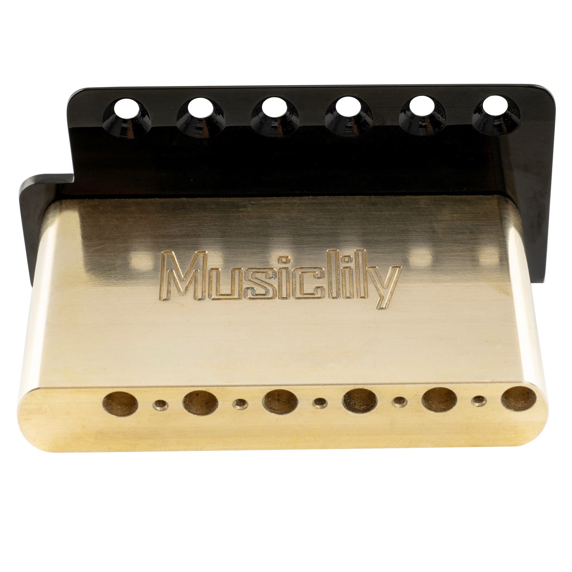 detail of musiclily ultra 56mm2 7 32 inch american vintage style 6 screw st tremolo bridge with modern brass saddles 42mm solid brass block push in arm for strat style electric guitar mx3022p