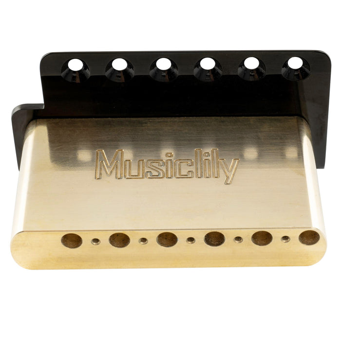 detail of musiclily ultra 56mm2 7 32 inch american vintage style 6 screw st tremolo bridge with modern brass saddles 42mm solid brass block push in arm for strat style electric guitar mx3022p