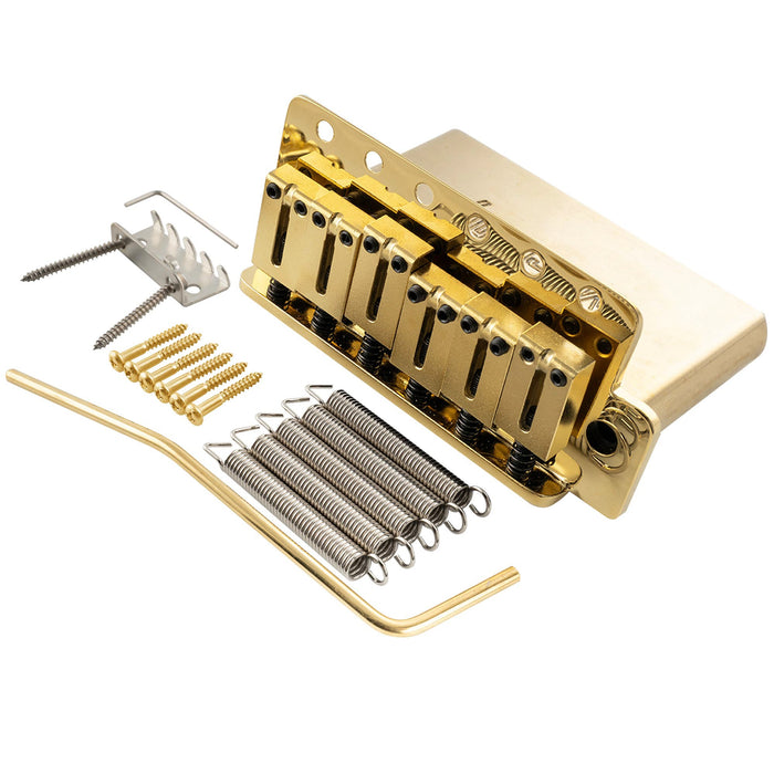 musiclily ultra 56mm2 7 32 inch american vintage style 6 screw st tremolo bridge with modern brass saddles 42mm solid brass block push in arm for strat style electric guitar mx3022p, gold