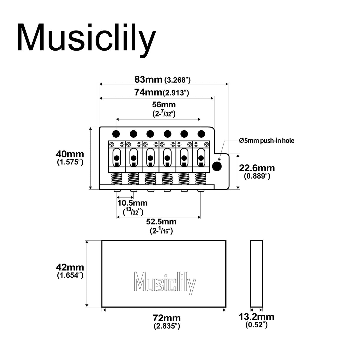 Musiclily Ultra 52.5mm(2-1/16 inch) American Vintage Style 6-Screw ST Tremolo Bridge with Steel Bent Saddles 42mm Solid Brass Block Push-In Arm for Strat Style Electric Guitar, Black Musiclily Ultra