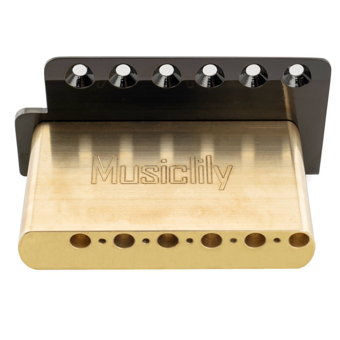 Musiclily Ultra 52,5mm(2-1/16 Zoll) Amerikanischer Vintage-Stil 6-Schrauben ST Tremolo Brücke mit Stahl gebogenen Sätteln 42mm Massivmessing Block Push-In Arm für Strat-Stil E-Gitarre, Schwarz