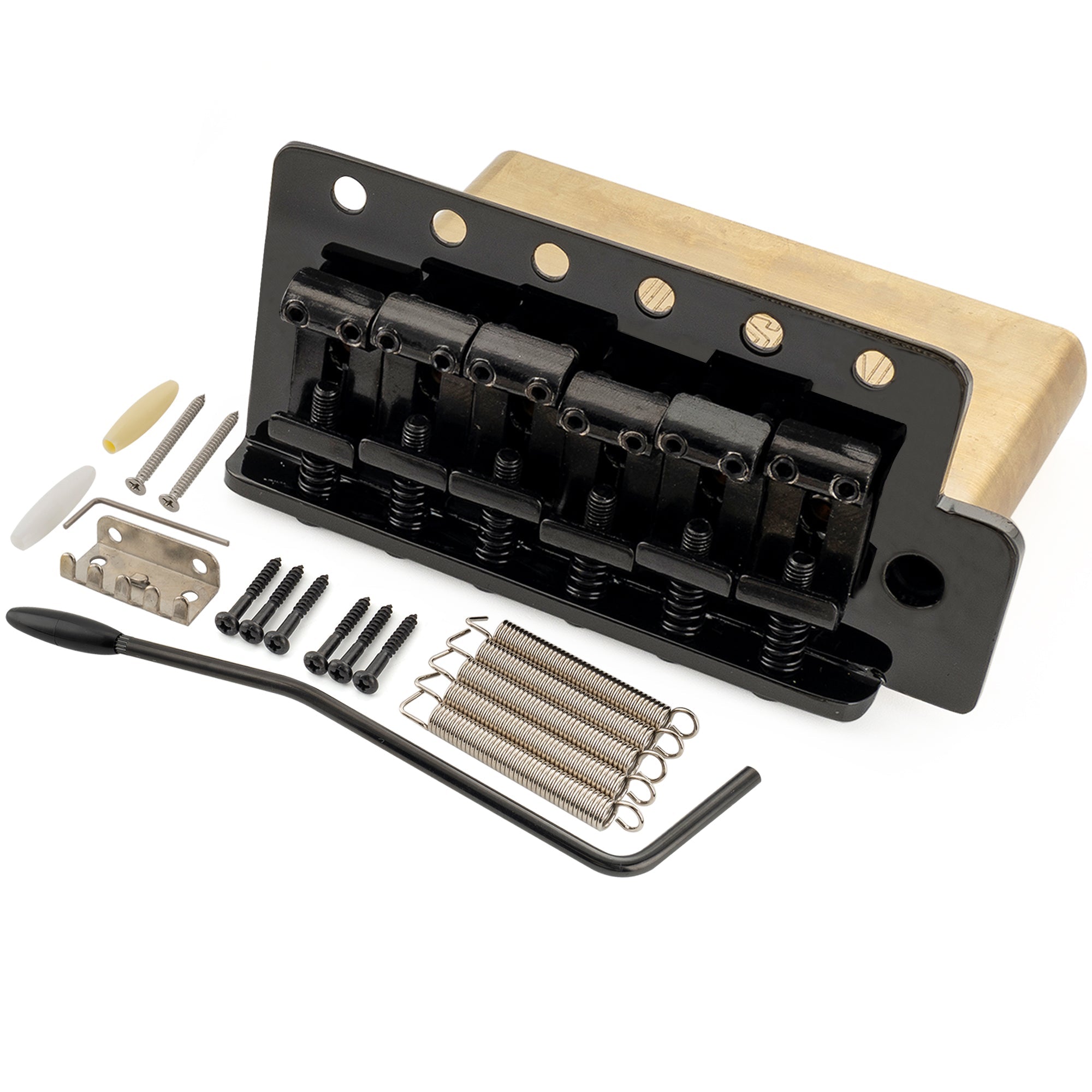 Musiclily Ultra 52.5mm(2-1/16 inch) American Vintage Style 6-Screw ST Tremolo Bridge with Steel Bent Saddles 42mm Solid Brass Block Push-In Arm for Strat Style Electric Guitar, Black Musiclily Ultra