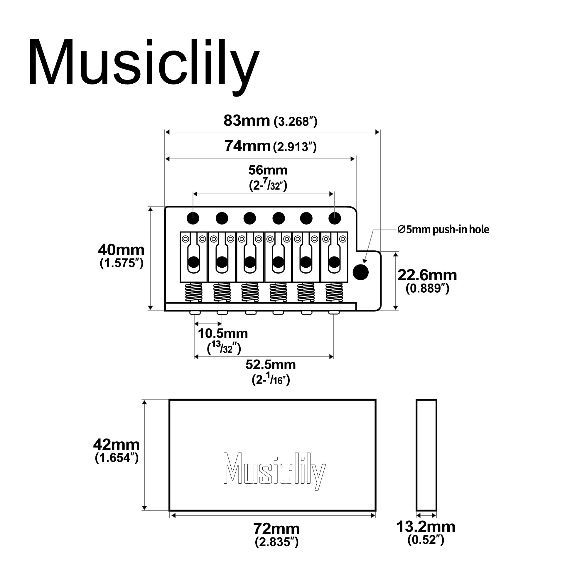 Musiclily Ultra 52.5mm(2-1/16 inch) American Vintage Style 6-Screw ST Tremolo Bridge with Modern Brass Saddles 42mm Solid Brass Block Push-In Arm for Strat Style Electric Guitar, Black Musiclily Ultra