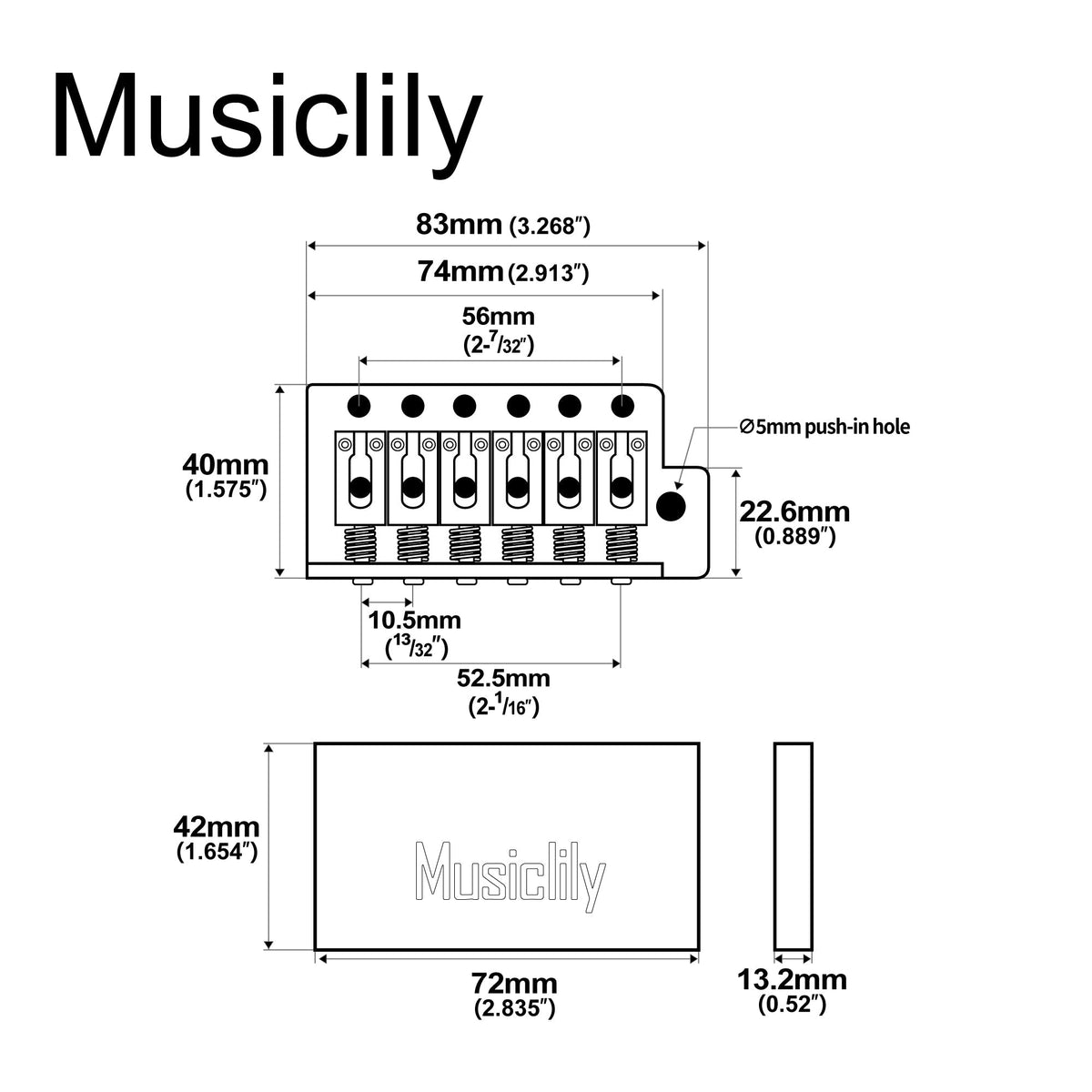 Musiclily Ultra 52.5mm(2-1/16 inch) American Vintage Style 6-Screw ST Tremolo Bridge with Modern Brass Saddles 42mm Solid Brass Block Push-In Arm for Strat Style Electric Guitar, Black Musiclily Ultra