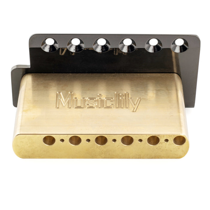 Musiclily Ultra 52,5mm(2-1/16 Zoll) Amerikanischer Vintage-Stil 6-Schrauben ST Tremolo-Brücke mit modernen Messelattensätteln 42mm Massiver Messingblock Push-In Arm für Strat-Stil E-Gitarre, Schwarz