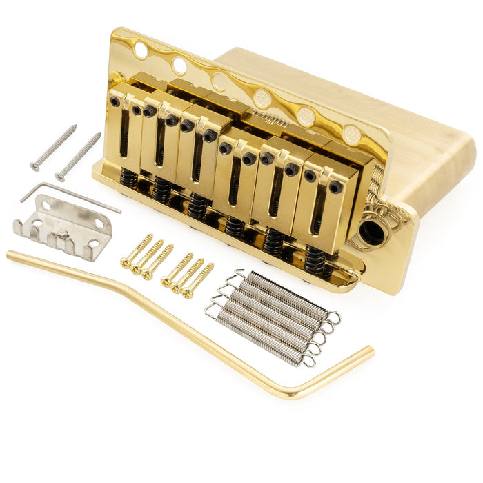 Musiclily Ultra 52,5mm(2-1/16 Zoll) Amerikanischer Vintage-Stil 6-Schrauben ST Tremolo-Brücke mit modernen Messelattensätteln 42mm Massiver Messingblock Push-In Arm für Strat-Stil E-Gitarre, Schwarz