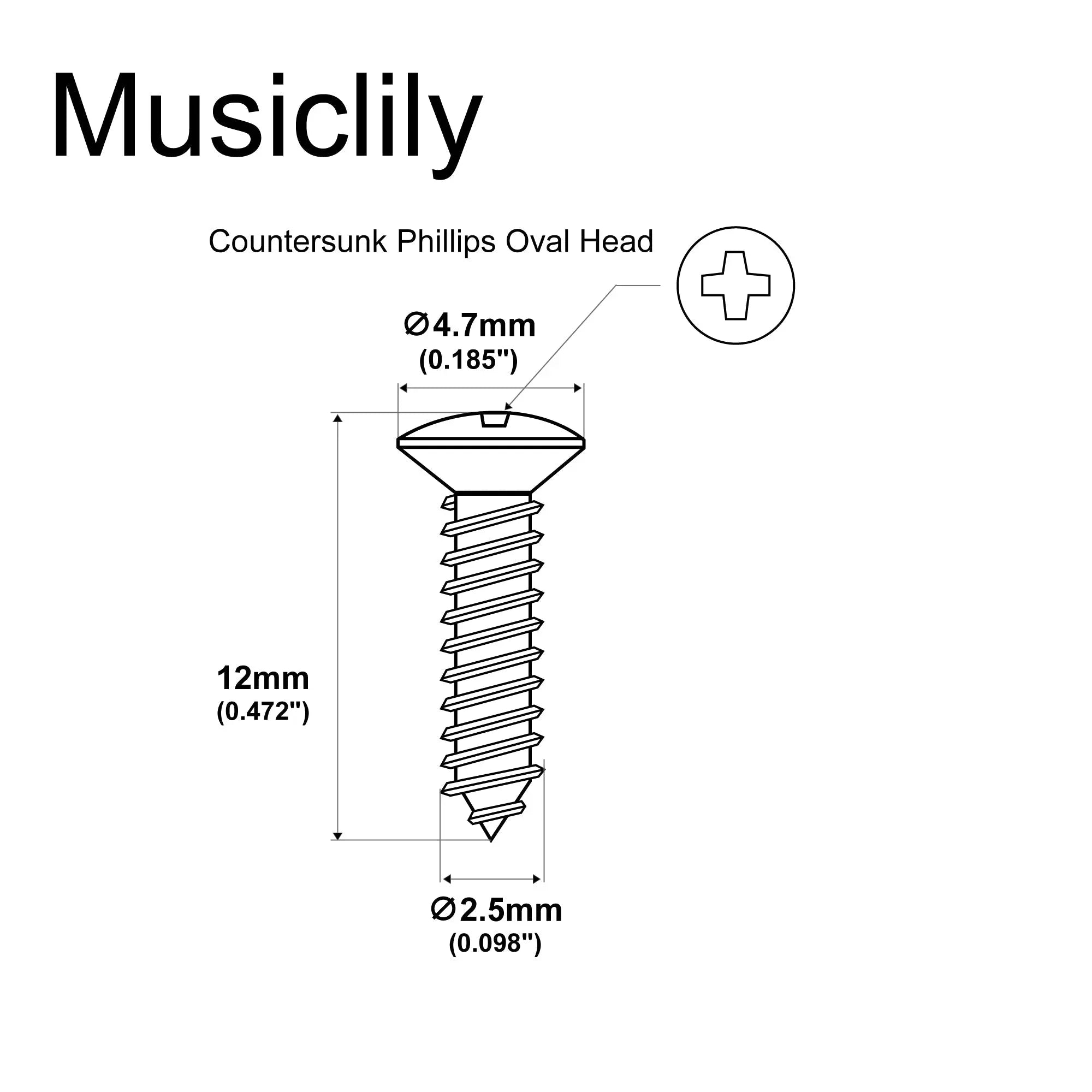 Dimensions of musiclily ultra 2 5x12mm stainless steel countersunk screws for guitar parts wood mounting mx3033 10p