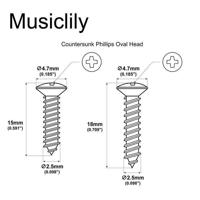 Dimensions of musiclily ultra 2 5 15mm and 2 5 18mm stainless steel countersunk mounting screws set for electric guitar bass humbucker pickup ring mx3034 10mx3035 10p