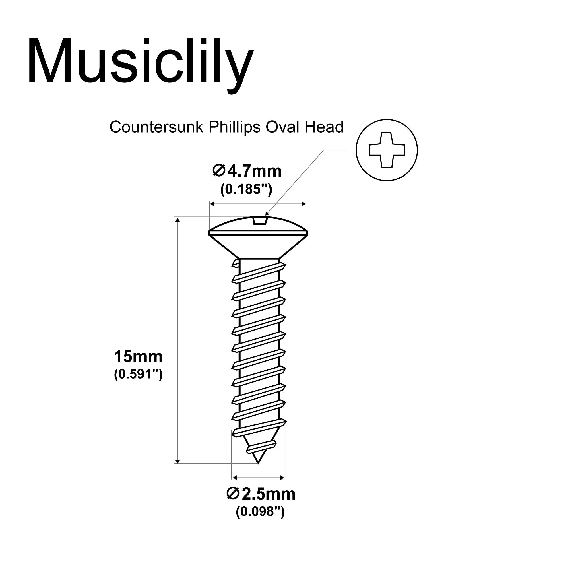 Dimensions of musiclily ultra 2 5 15mm stainless steel countersunk mounting screws for electric guitar bass string guide or pickup ring mx3034 10p