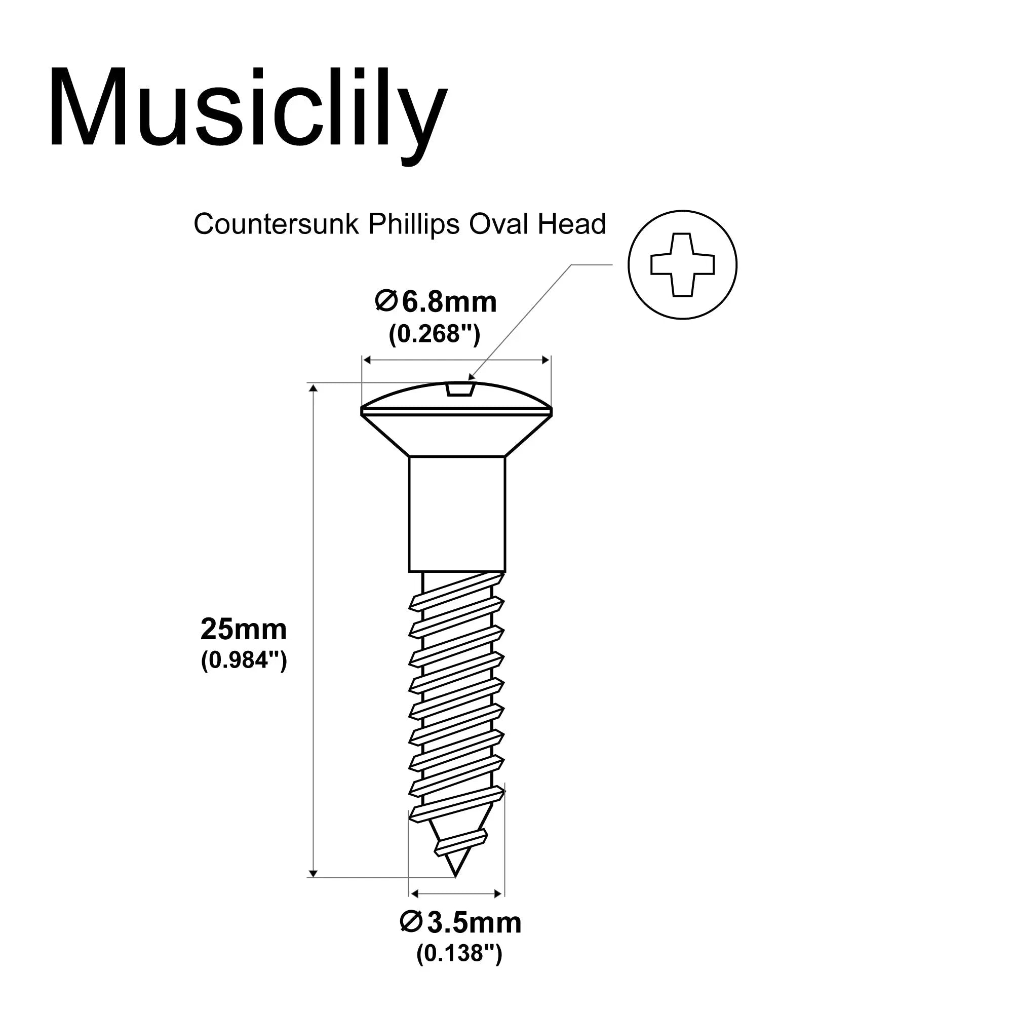 Dimensions of musiclily ultra 3 5 25mm stainless steel countersunk mounting screws for electric guitar bass bridge or strap button mx3036 6p